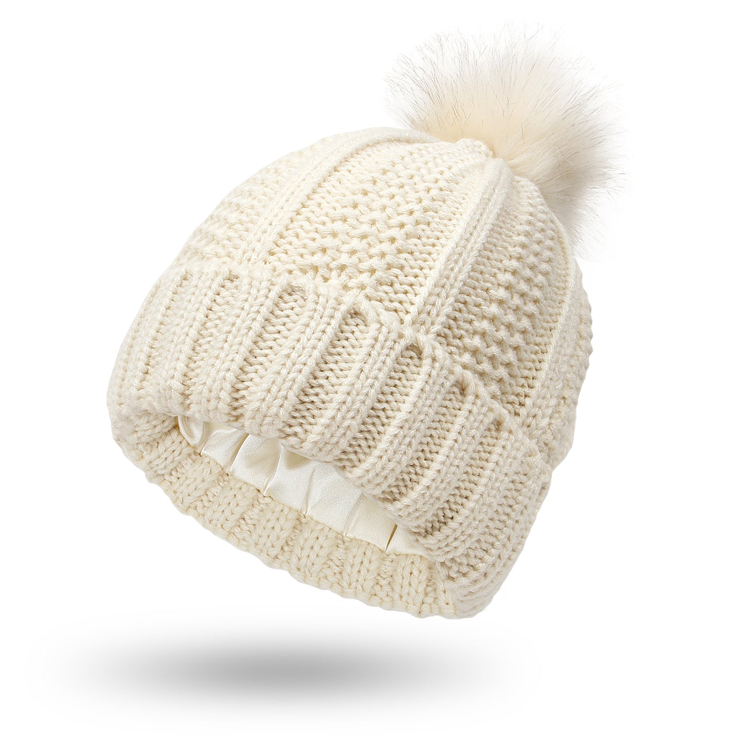 Women’s Winter Knit Beanie with Faux Fur Pom-Pom