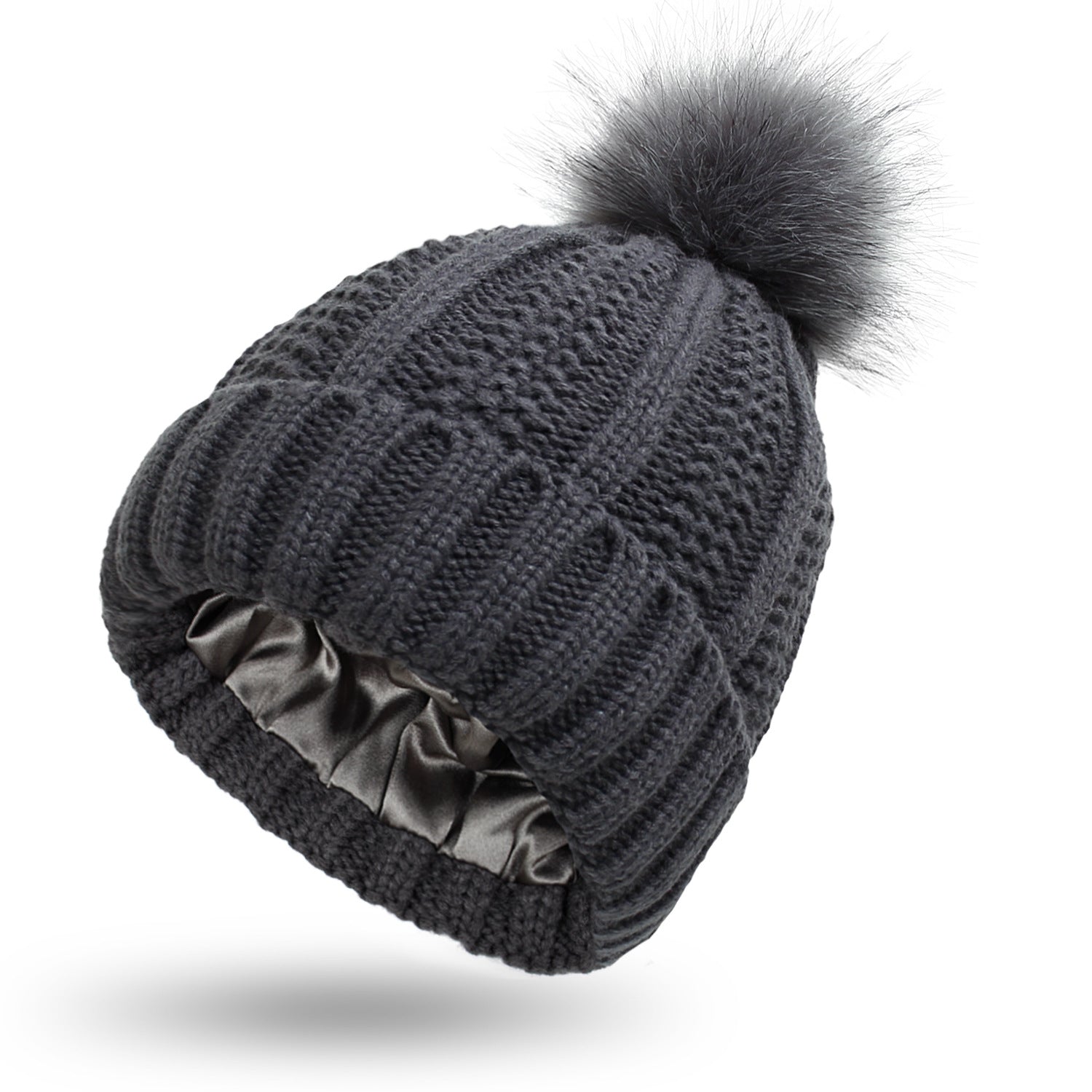 Women’s Winter Knit Beanie with Faux Fur Pom-Pom