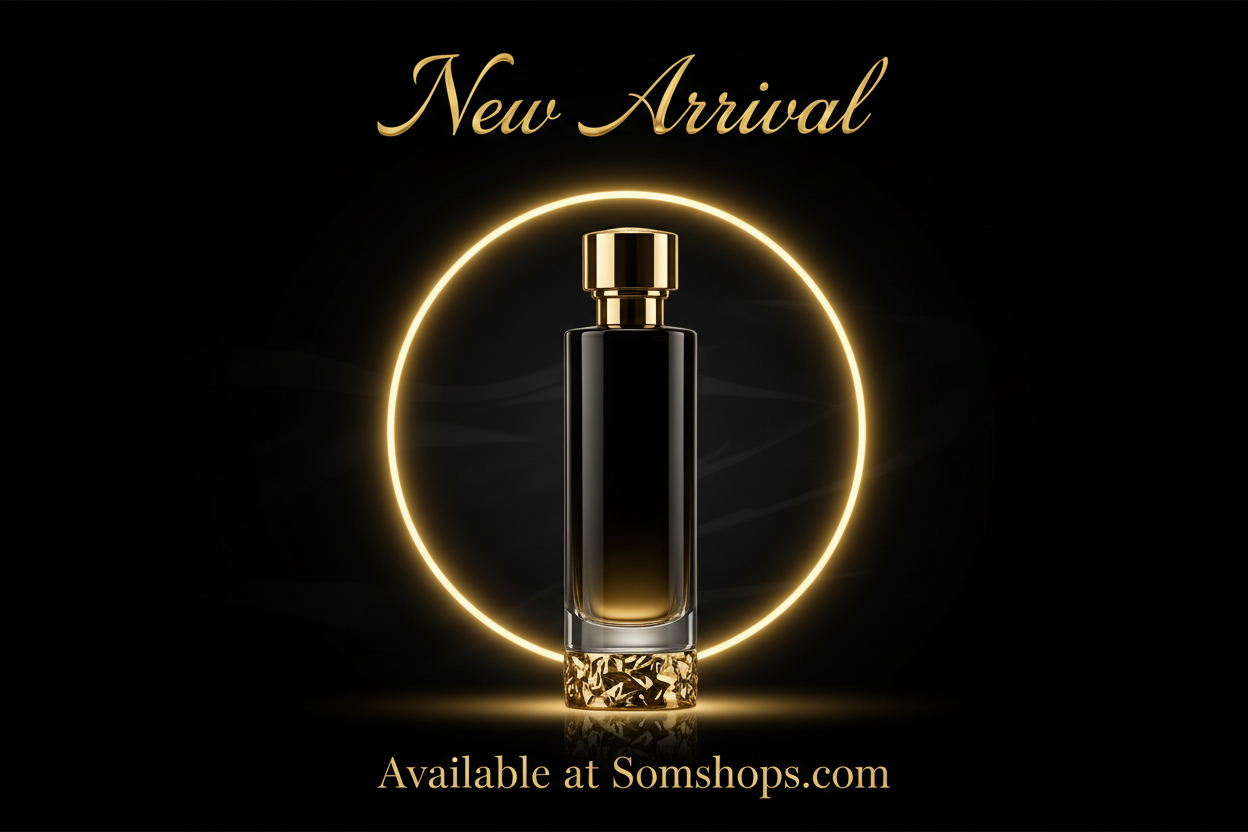 A luxury black and gold themed product promotion image. Place the product in the center with a gold glow behind it. Add elegant gold text that says ‘New Arrival’ at the top and ‘Available at Somshops.com’ at the bottom. Make it stylish, clean, and attractive to beauty & perfume shoppers.