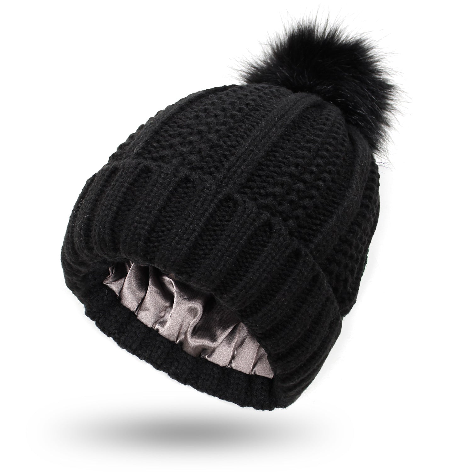 Women’s Winter Knit Beanie with Faux Fur Pom-Pom
