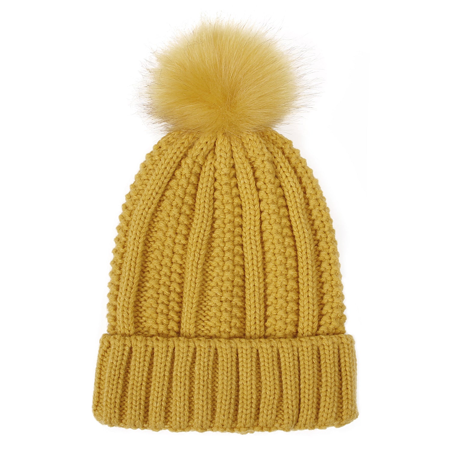 Women’s Winter Knit Beanie with Faux Fur Pom-Pom