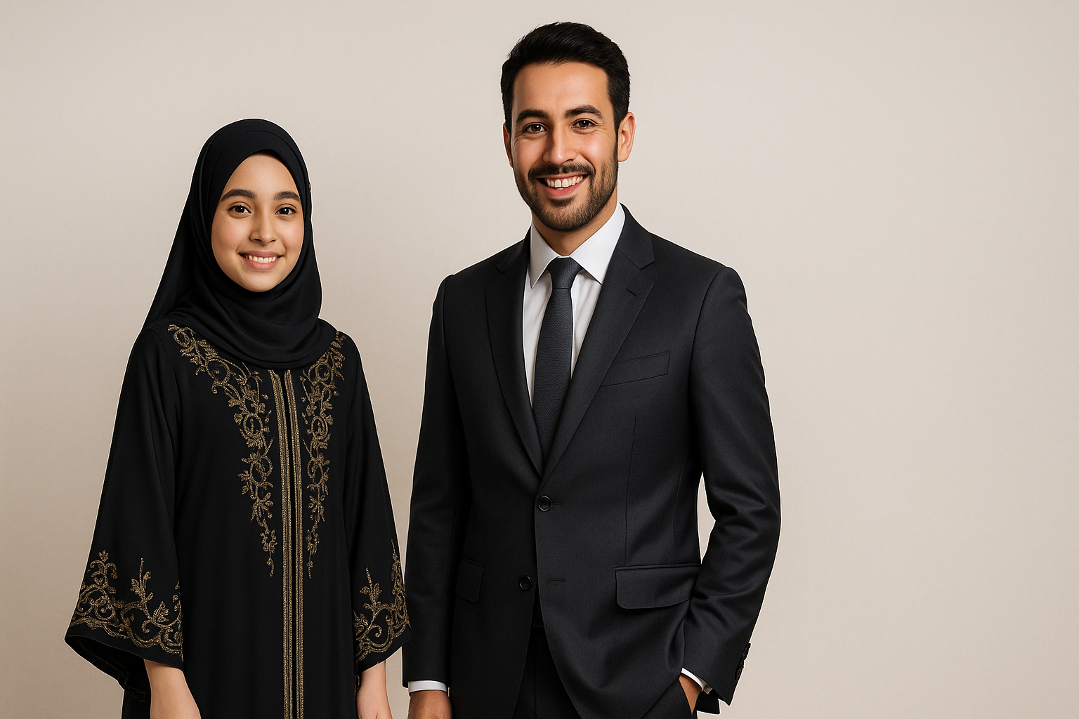 make it a girl with beatiful abaya and a man with beatiful suit