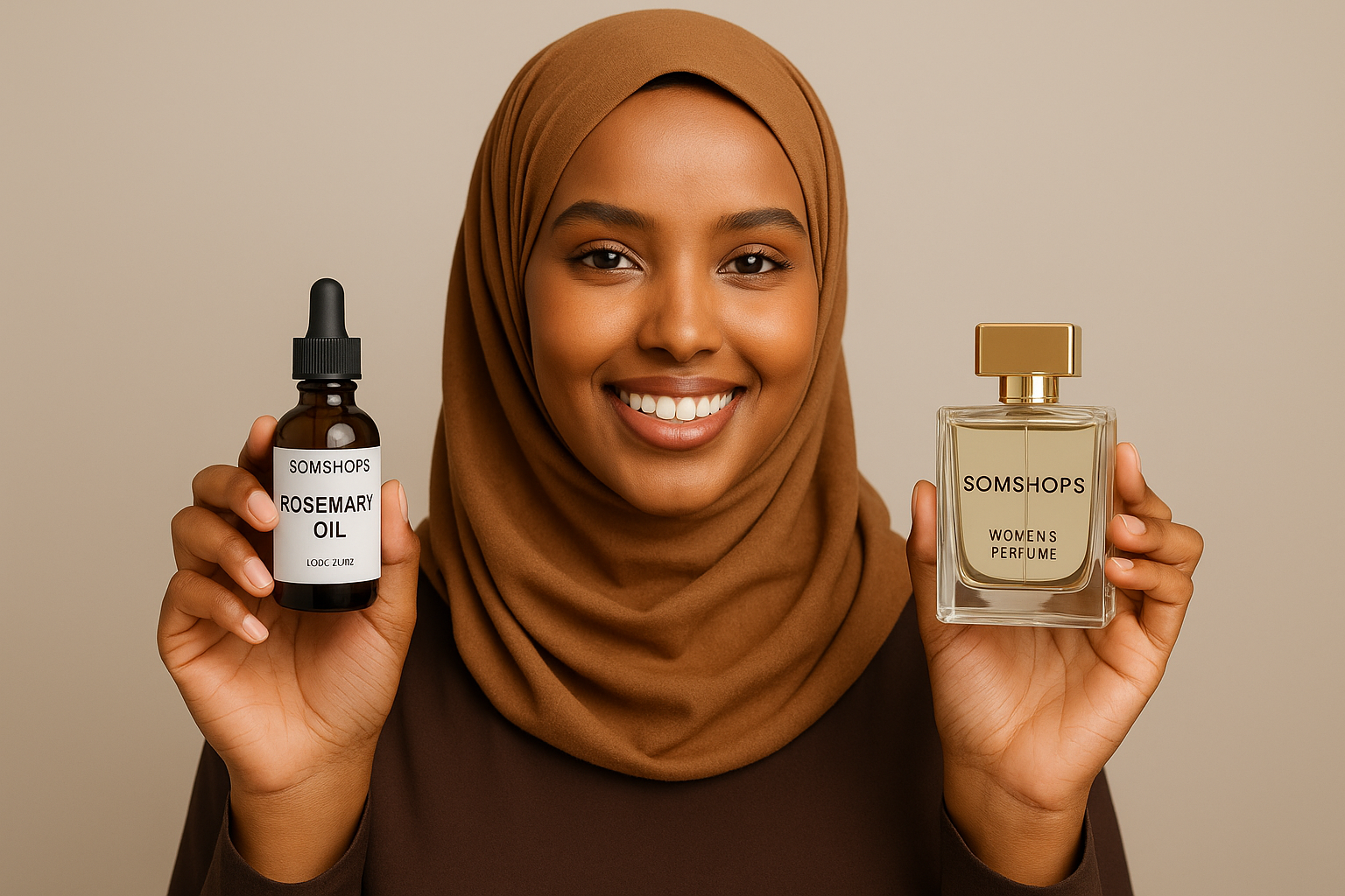 somali girl smiling with somshops rosemary oil in one hand and somshops women perfume on the other as a portrait picture